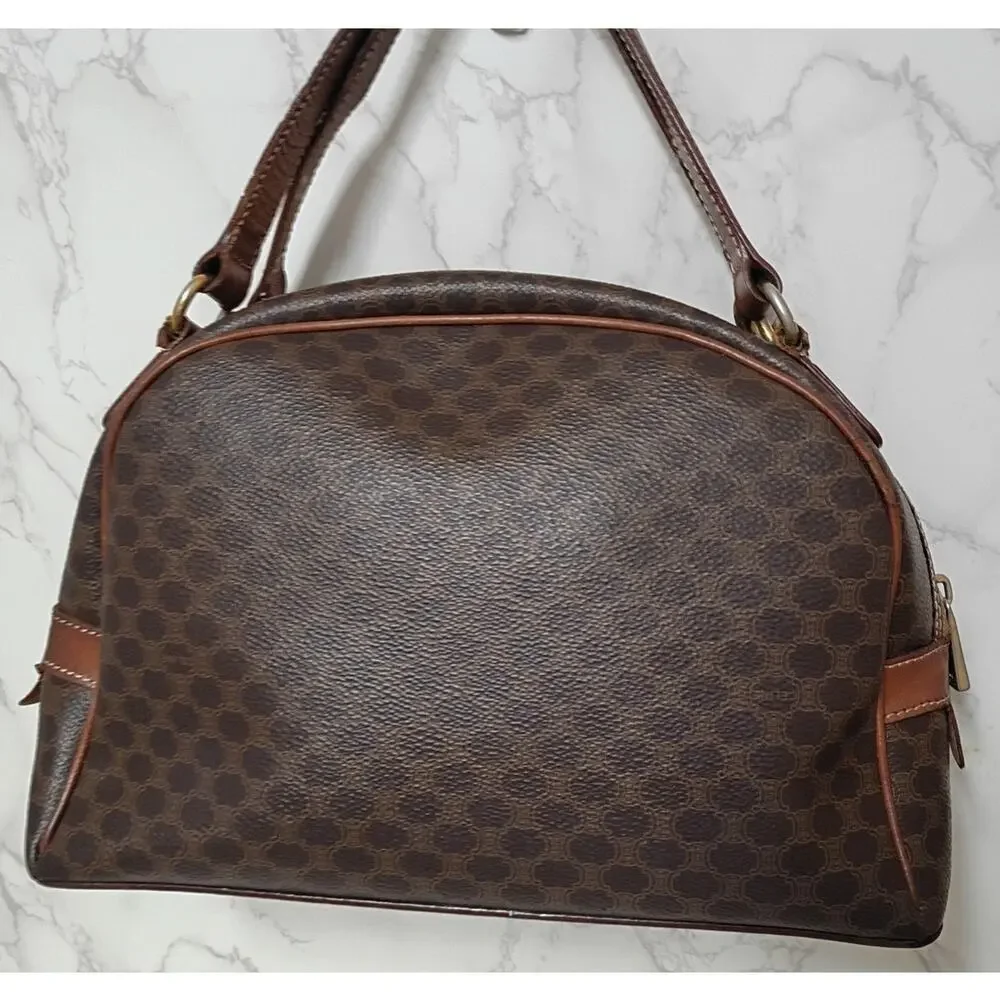 CELINE Vintage Brown Macadam Pattern Triomphe Dome Satchel w/ Dust Bag - EUC